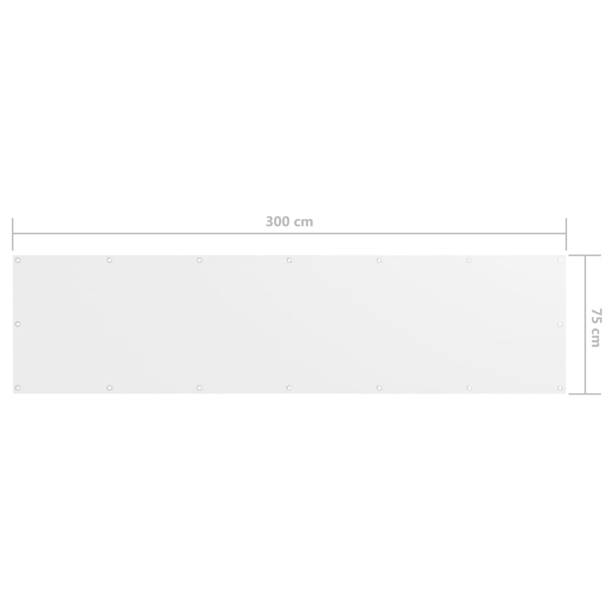 Ein weißes rechteckiges Paneel mit gleichmäßig verteilten Löchern an den Rändern. Abmessungen: 300 cm lang, 75 cm hoch.