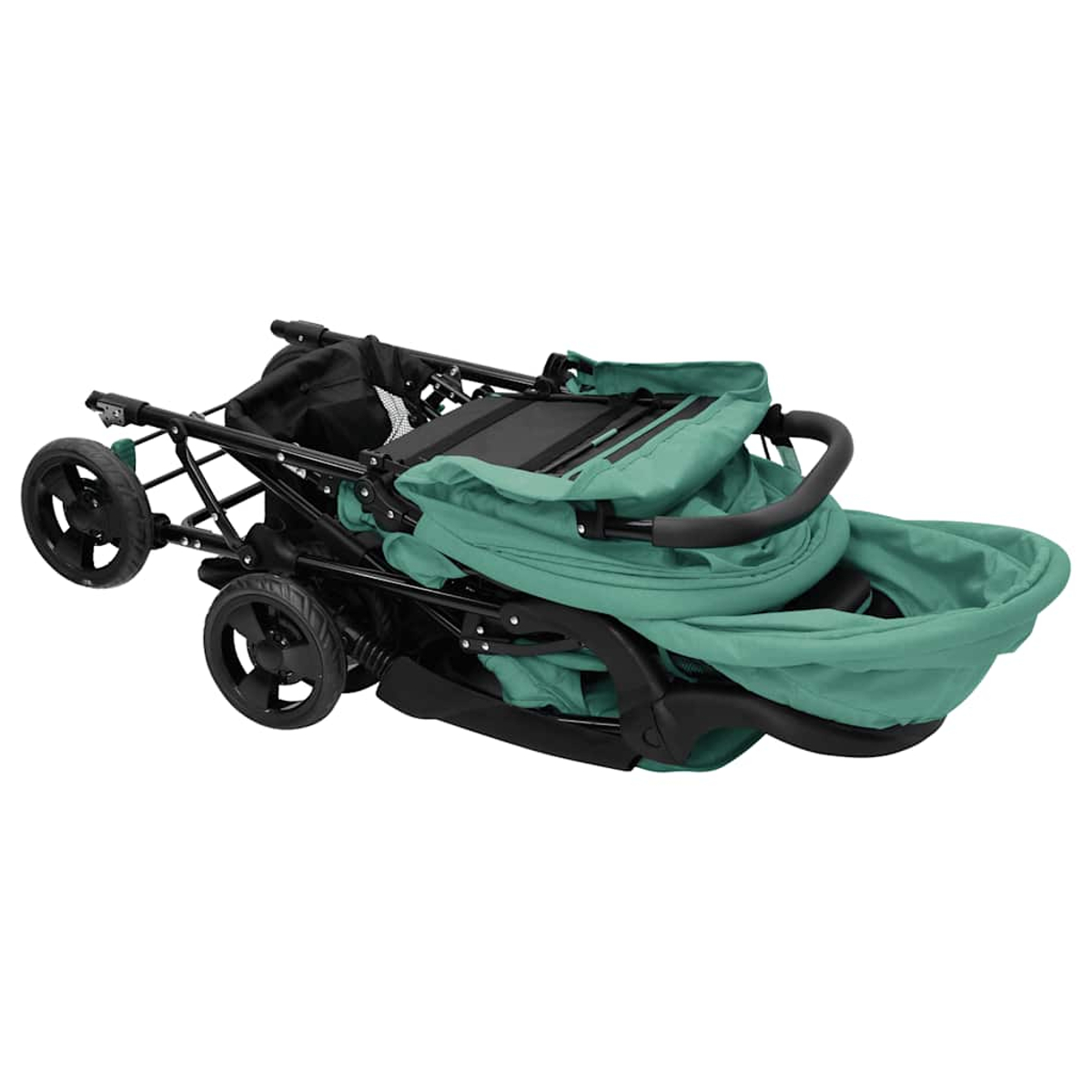 Ein zusammengeklappter tealfarbener Kinderwagen mit schwarzem Rahmen und Rädern. Er ist abgewinkelt und zeigt Sitz, Griff und Aufbewahrungskorb.