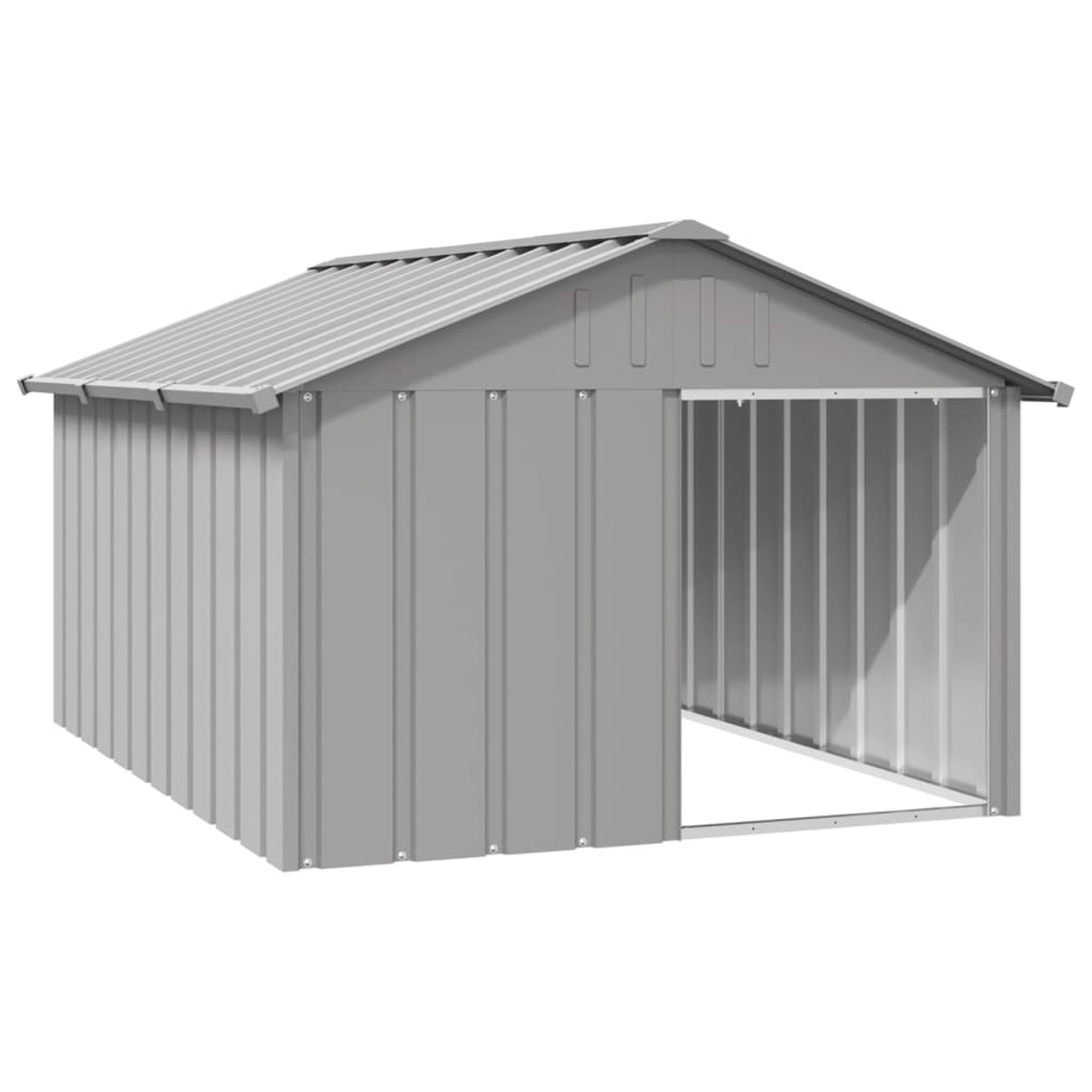 Ein graues Metallschuppen mit Satteldach und offenem Eingang. Der Schuppen steht auf weißem Grund.