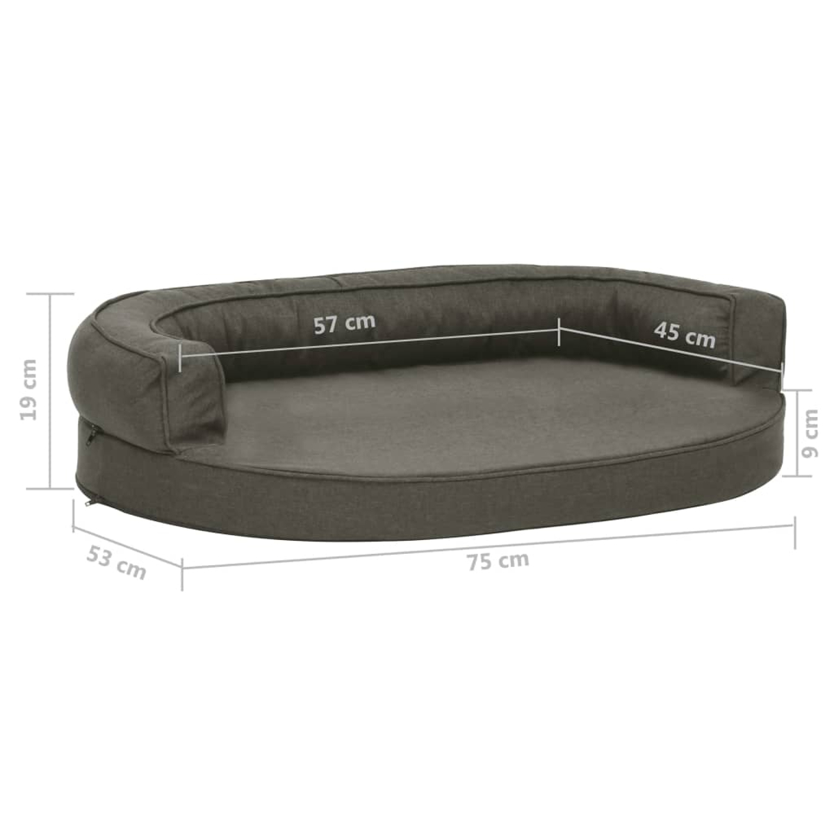 Ein graues Hundebett, oval geformt mit erhöhter Rückenlehne und Seiten. Maße sind angegeben: 75 cm lang, 53 cm breit, 19 cm hoch und 9 cm Basis.
