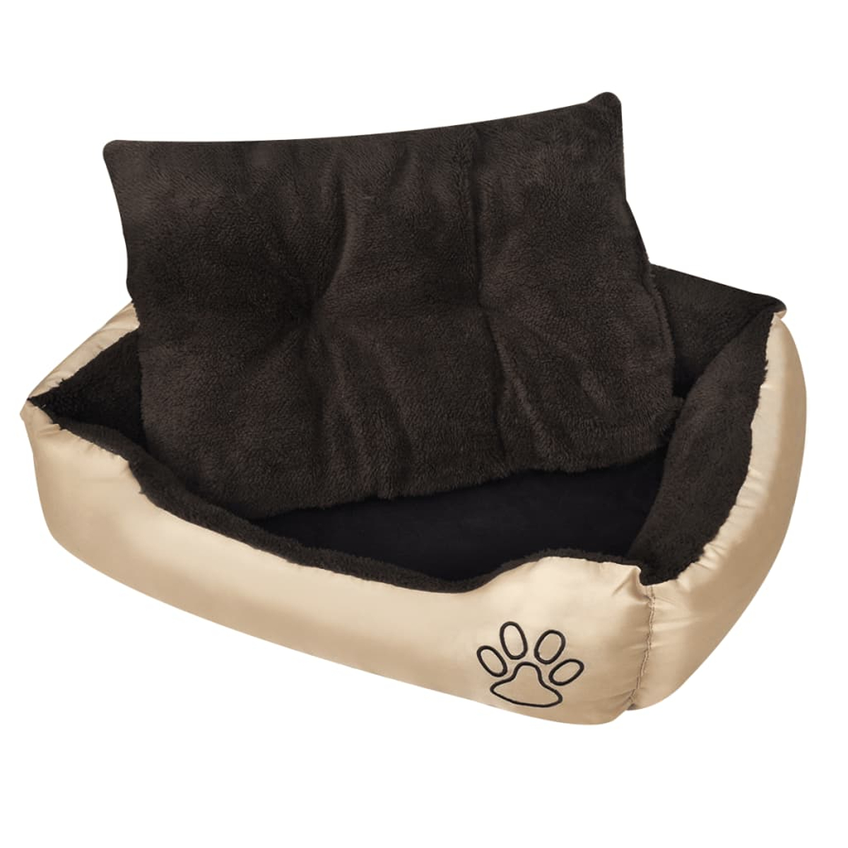 Ein beiges Hundebett mit einem dunkelbraunen Kissen. Auf der Seite ist ein Pfotenabdruck. Das Bett wirkt weich und bequem.