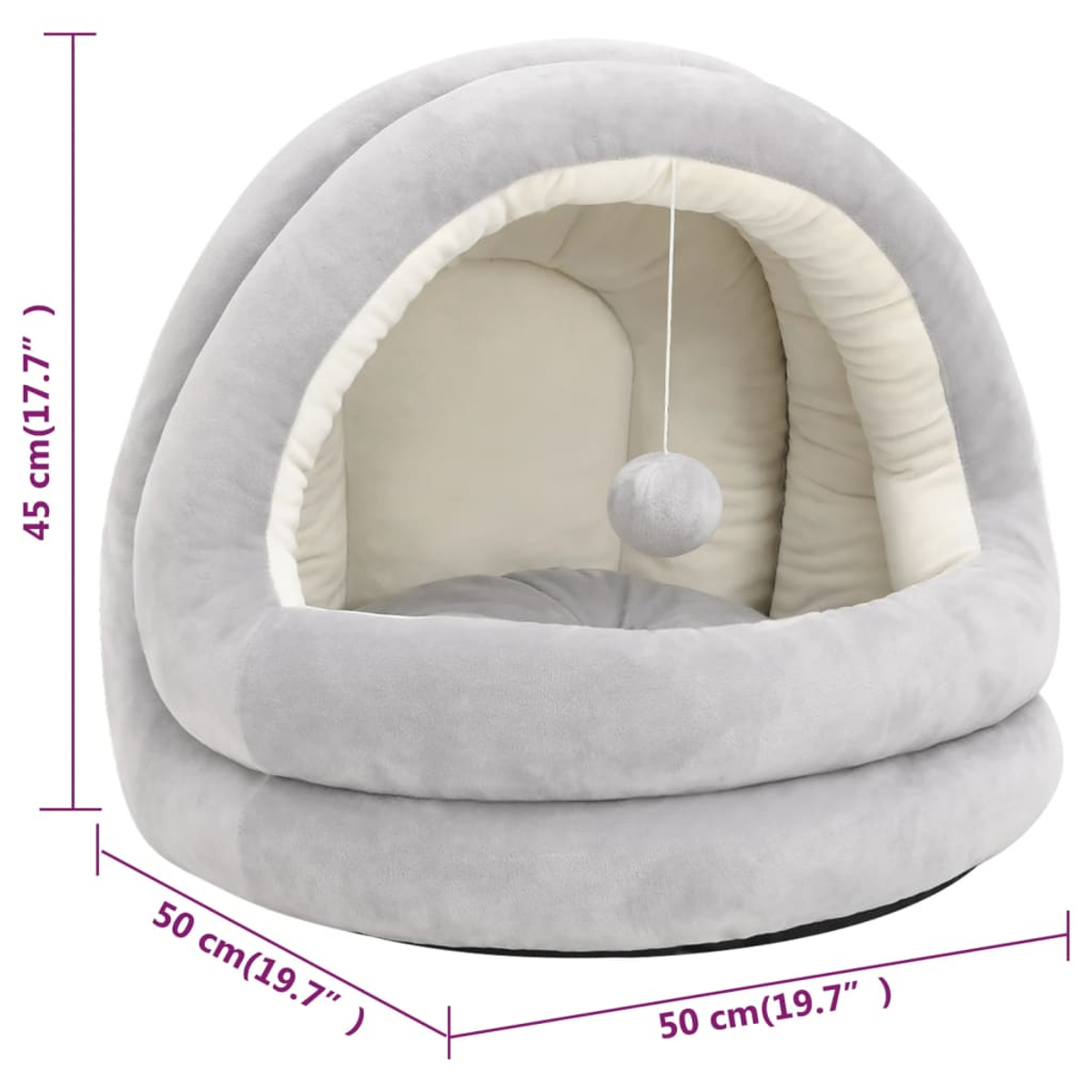 Ein graues Katzenbett mit einem flauschigen Ball im Inneren. Es ist kuppelförmig und hat Abmessungen. Die Innenseite ist beige.