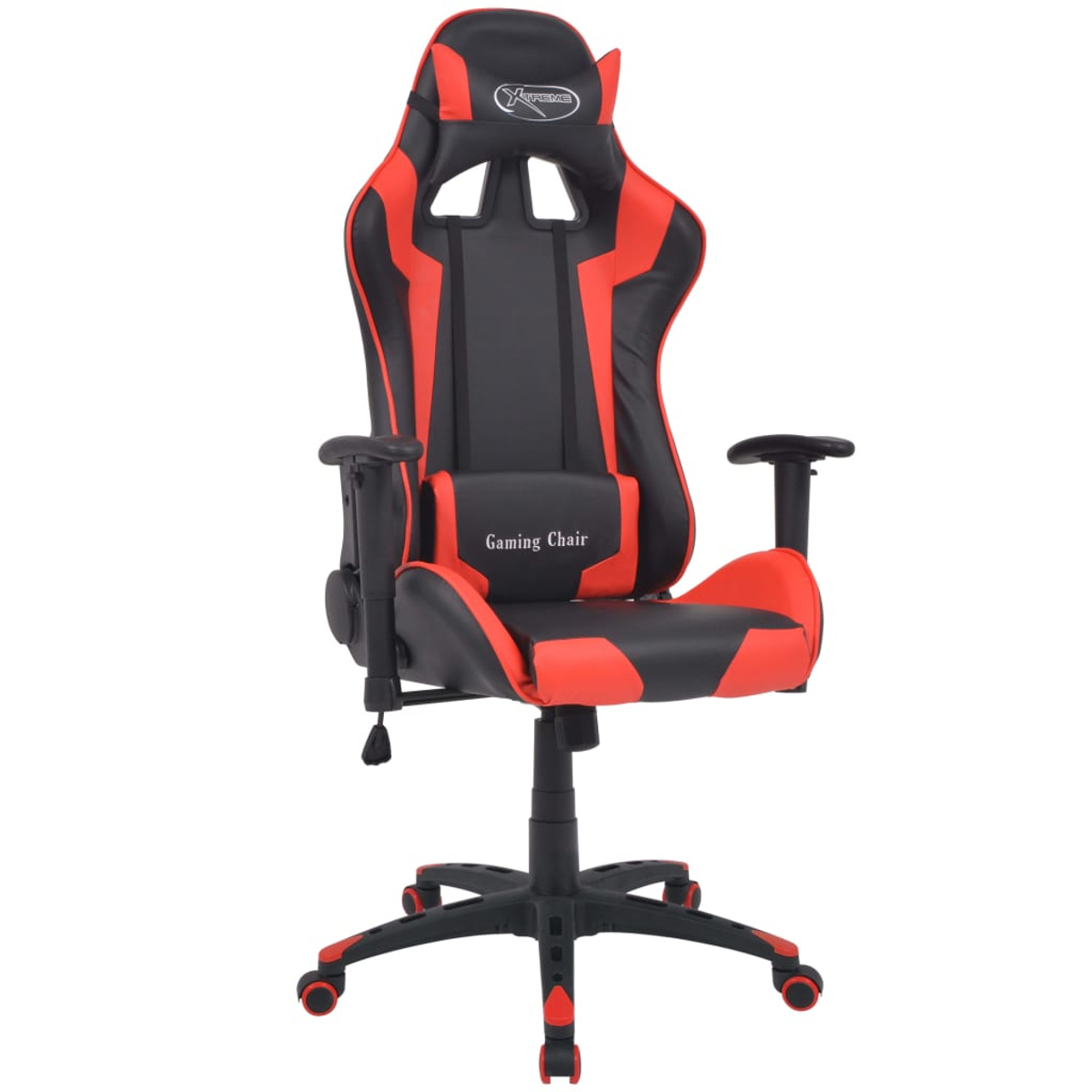 Gaming-Stuhl mit rotem und schwarzem Design. Er hat eine Kopfstütze, Armlehnen und das Logo 'Gaming Chair'. Der Stuhl steht auf Rädern.