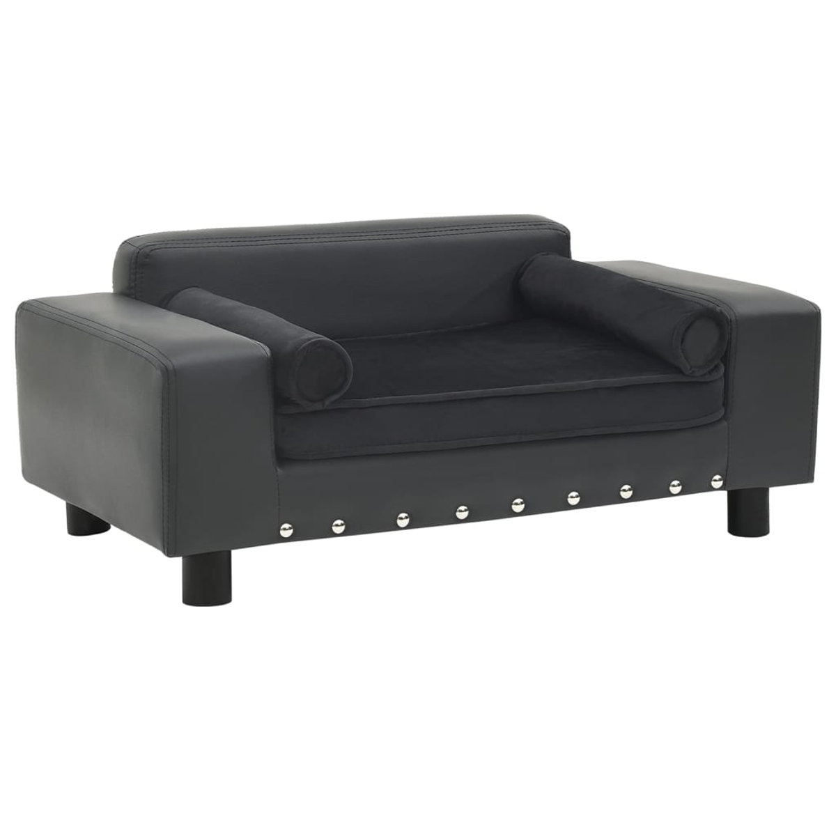 Ein kleines, dunkelgraues Haustiersofa mit zwei Kissen. Das Sofa hat Metallnieten an der Basis und steht auf vier schwarzen Beinen.