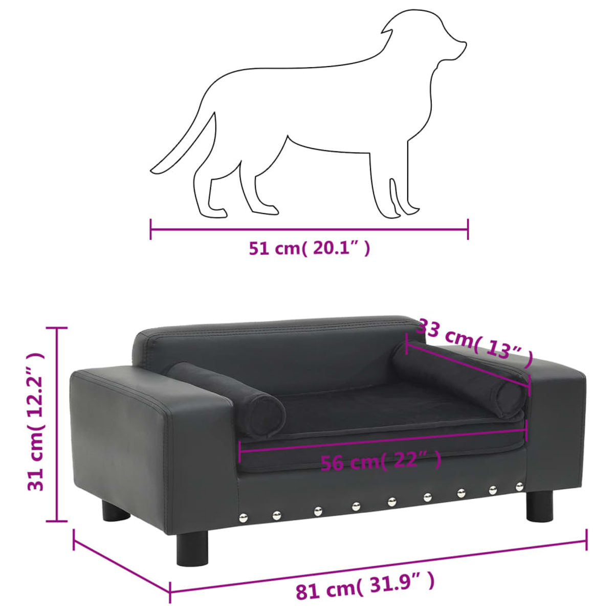 Ein schwarzes Hundebett mit Maßangaben. Eine Hundekontur befindet sich darüber. Messungen umfassen Länge, Breite und Höhe des Bettes.