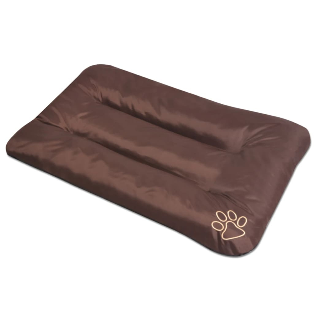 Braunes rechteckiges Hundebett mit Pfotenabdruck-Design. Das Bett befindet sich auf weißem Hintergrund.