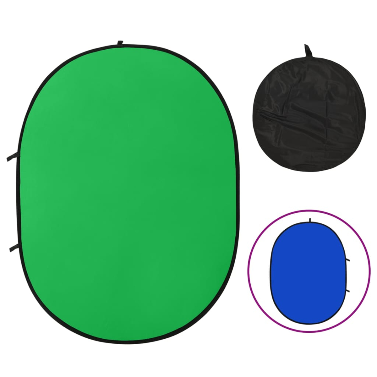 Ein grüner Hintergrund, eine schwarze Tragetasche und ein blauer Hintergrund werden gezeigt. Alle sind oval geformt.