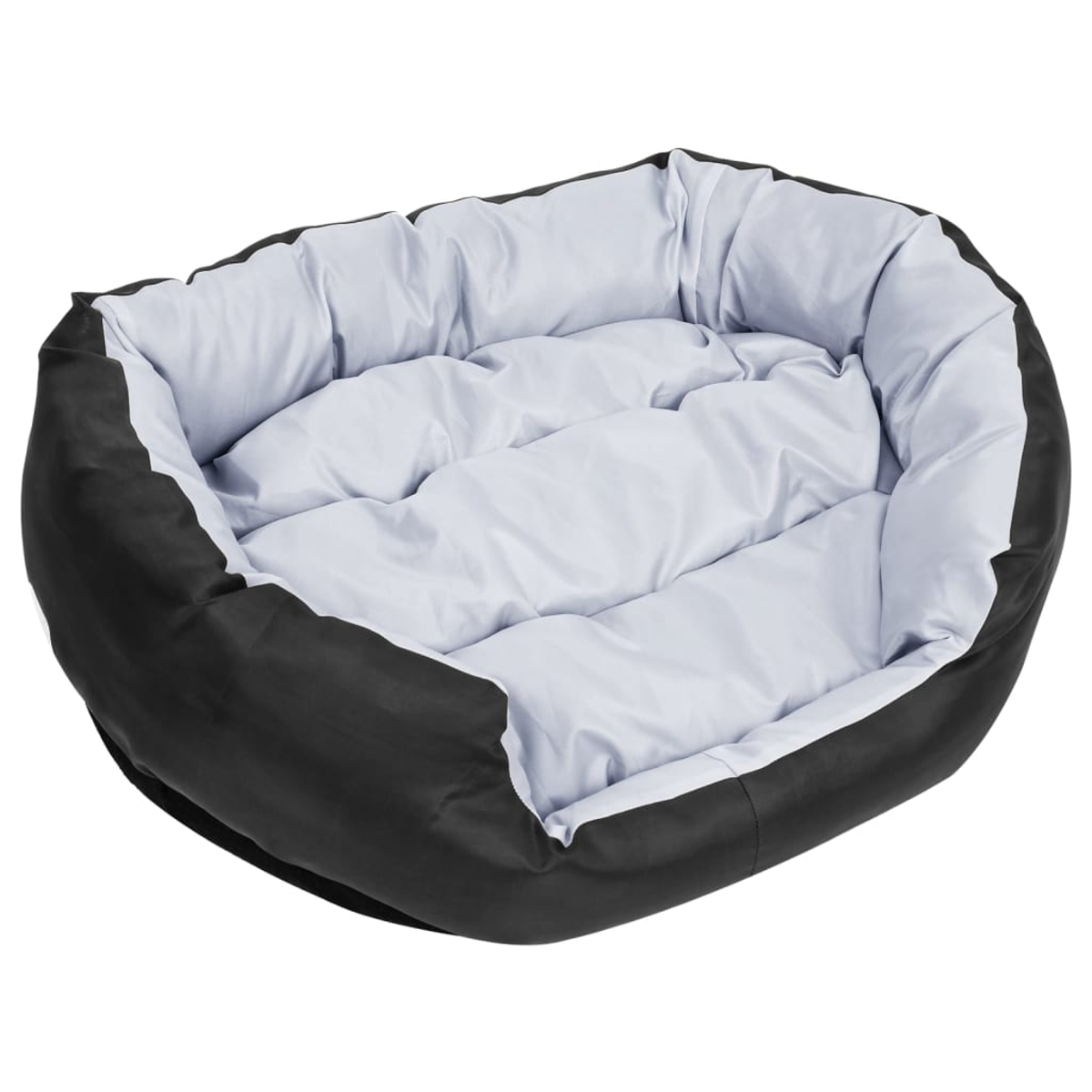 Ein schwarz-weißes Hundebett wird gezeigt. Das Bett hat eine ovale Form mit schwarzer Außenseite und weißem, gepolstertem Innenraum.