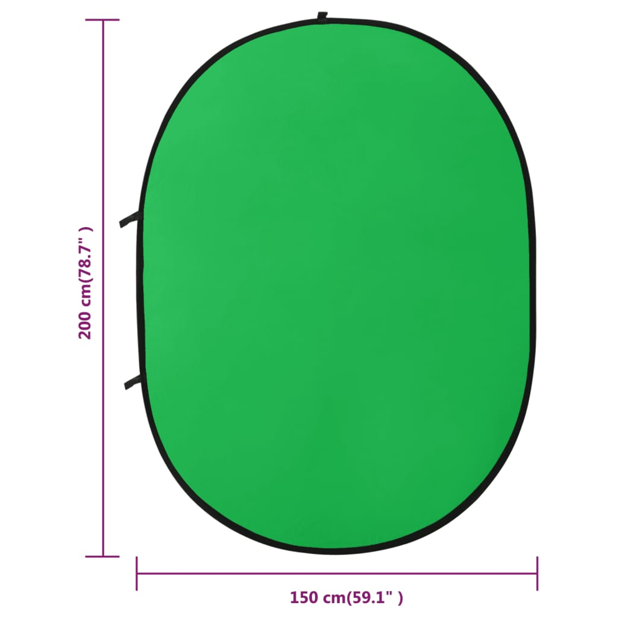 Ein grüner Hintergrund, ovale Form, mit schwarzen Rändern. Die Maße sind: 200 cm hoch und 150 cm breit.