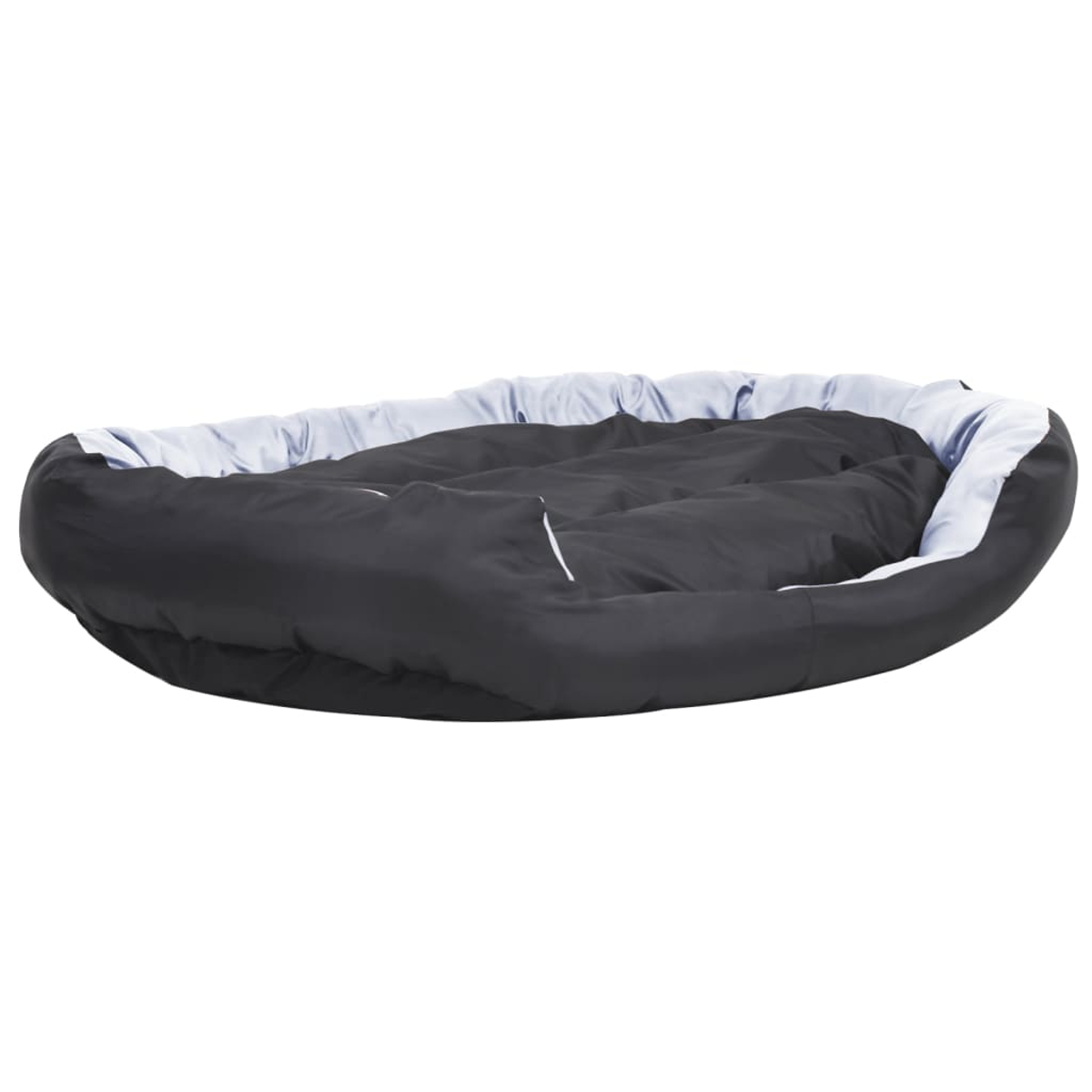 Ovales schwarzes Haustierbett mit hellblauem Futter und weißen Akzenten. Das Bett ist leer, auf weißem Hintergrund platziert.