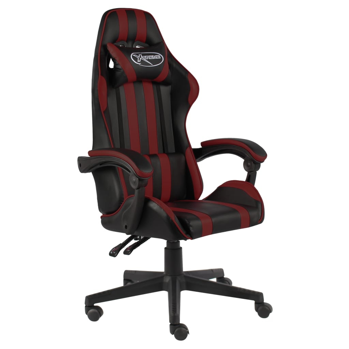 Ein schwarz-roter Gaming-Stuhl mit dem Wort "Xtreme" auf der Kopfstütze. Er hat Armlehnen und ein Fünf-Rollen-Gestell.