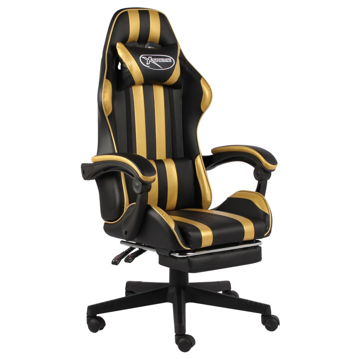 Schwarzer und goldener Gaming-Stuhl. Er hat eine hohe Rückenlehne, Armlehnen und eine Kopfstütze mit dem Wort 'Xtreme'. Der Stuhl steht auf Rollen.