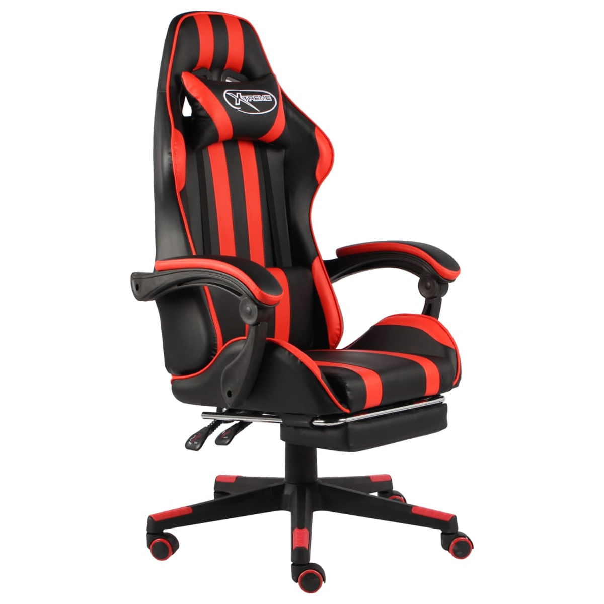 Ein schwarzer und roter Gaming-Stuhl mit Kopfstütze. Er hat rote und schwarze Streifen, Armlehnen und eine Fußstütze. Der Hintergrund ist weiß.