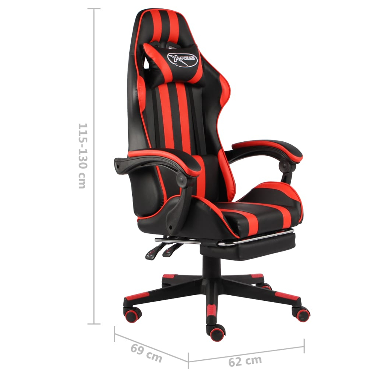 Ein schwarz-roter Gaming-Stuhl mit den Maßen 115-130 cm hoch, 69 cm breit und 62 cm tief. Er hat Armlehnen und eine Fußstütze.