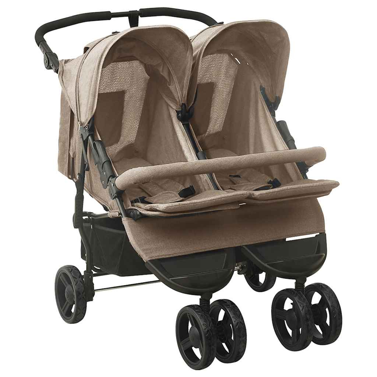 Ein Doppelkinderwagen mit beigem Verdeck und Sitzen. Er hat schwarze Rahmen, Räder und einen Griff. Der Kinderwagen scheint neu und unbenutzt zu sein.