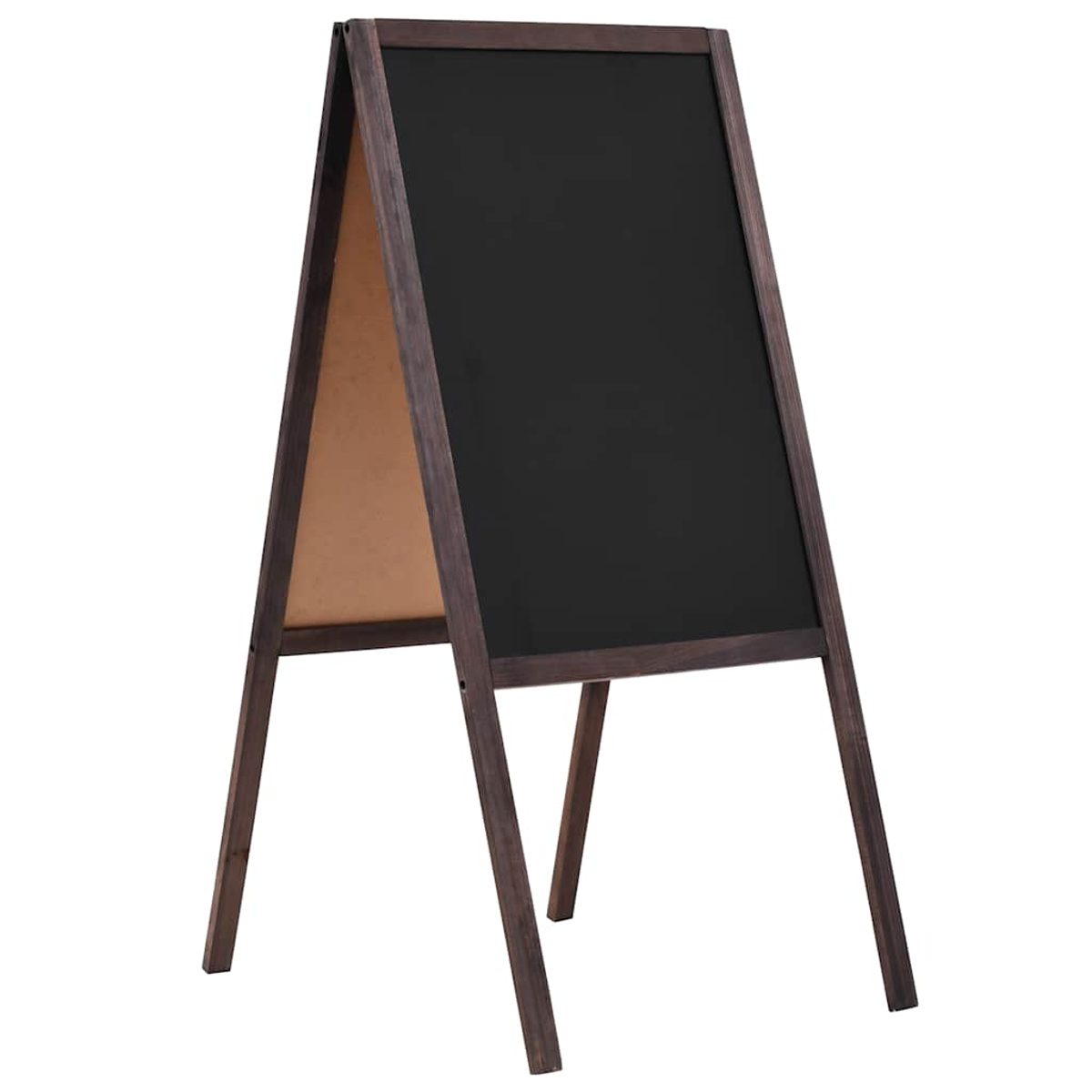 A-förmiges Tafelschild mit dunklem Holzrahmen. Die Tafel ist schwarz, die Rückwand hellbraun.