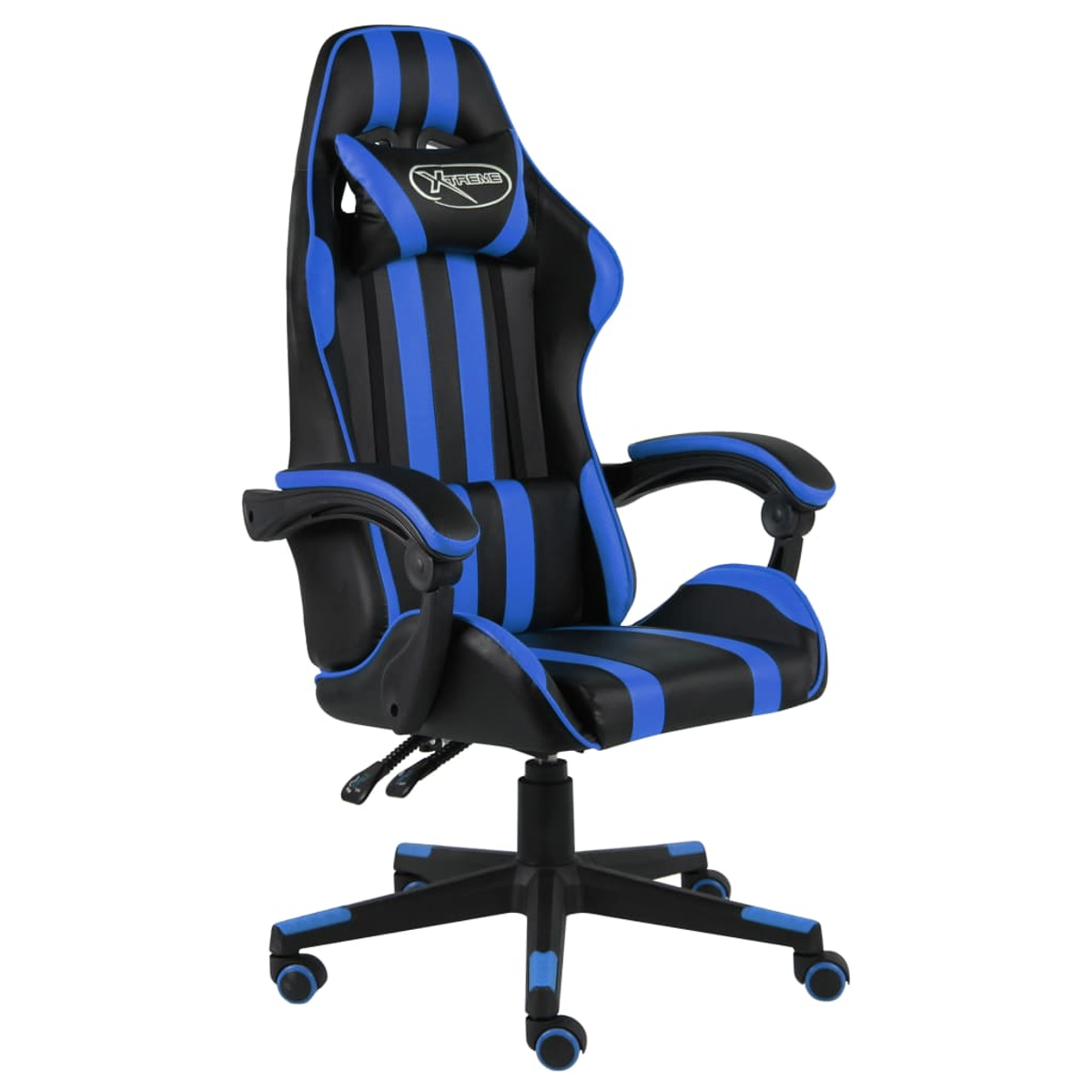 Ein blau-schwarzer Gaming-Stuhl mit Kopfstütze und Armlehnen. Der Stuhl hat ein Fünf-Sterne-Gestell mit Rollen. Weißer Hintergrund.