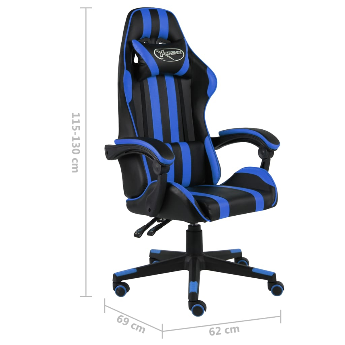 Gaming-Stuhl, schwarz mit blauen Streifen. Er hat eine Kopfstütze, Armlehnen und ein Fünf-Sterne-Gestell mit Rollen. Abmessungen sind angegeben.