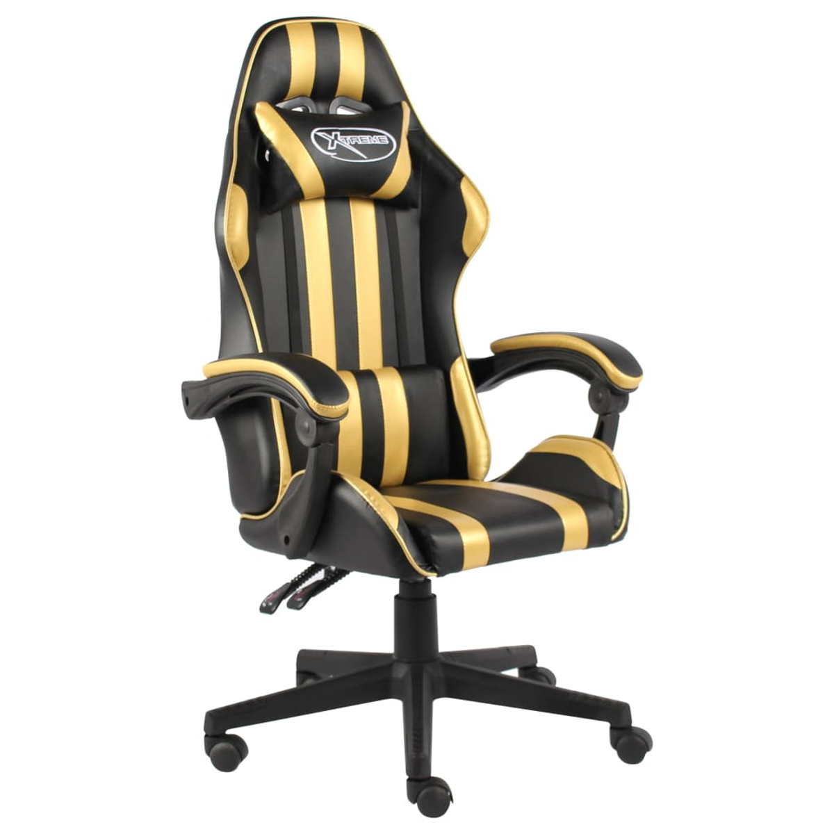 Gaming-Stuhl mit schwarzen und goldenen Streifen. Er hat Armlehnen, eine Kopfstütze und ein Fünf-Rollen-Gestell. Der Hintergrund ist weiß.