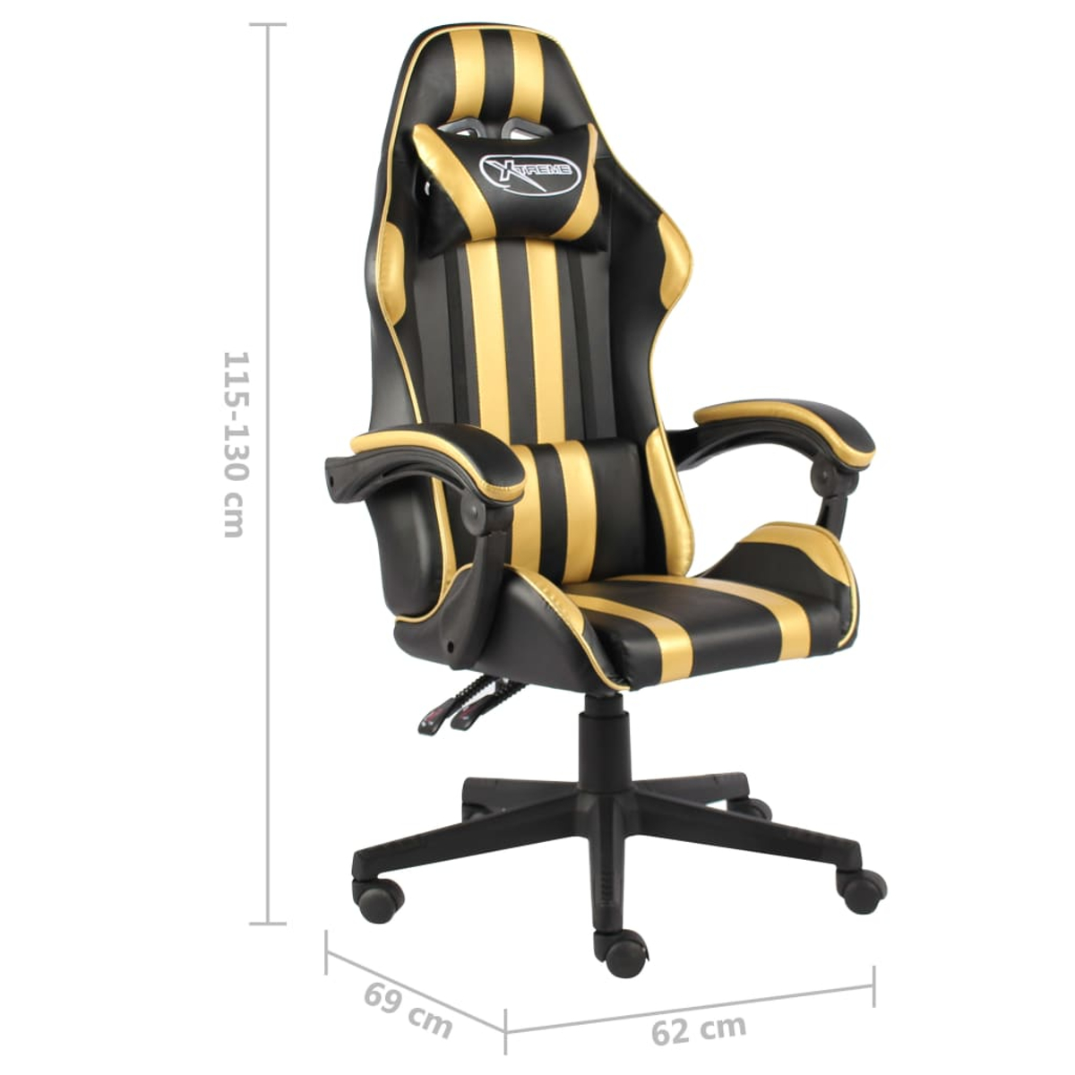 Gaming-Stuhl mit goldenen und schwarzen Streifen, schwarzem Sockel und Rädern. Er misst 115-130 cm Höhe und 69x62 cm Basis.