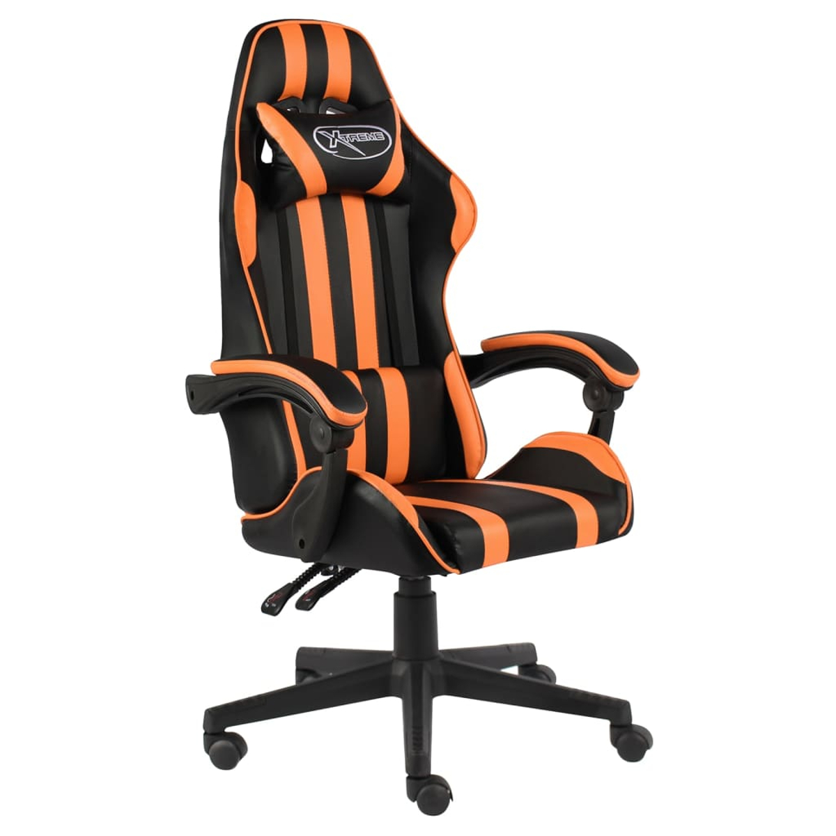 Gaming-Stuhl mit schwarzen und orangen Streifen. Er hat eine Kopfstütze mit dem Wort 'Xtreme'. Er steht auf einem schwarzen Fuß mit Rädern.