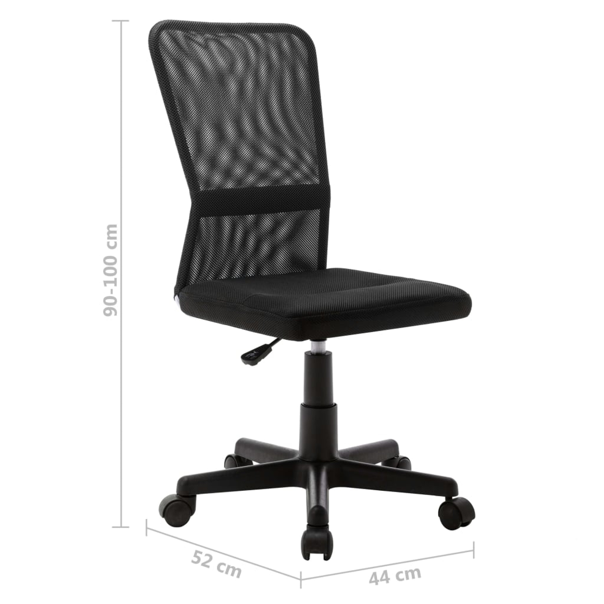 Ein schwarzer Bürostuhl mit Netzrücken, Sitzfläche und Fünf-Rollen-Gestell. Maße: 90-100cm Höhe, 52cm Breite, 44cm Tiefe.