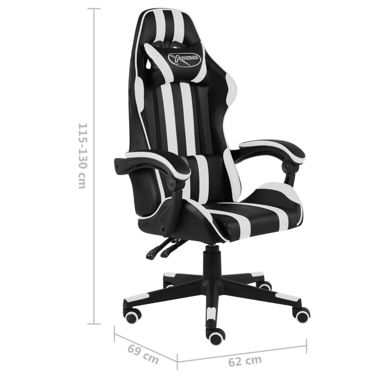 Ein schwarz-weißer Gaming-Stuhl. Er hat eine hohe Rückenlehne, Armlehnen und Rollen. Maße: 115-130cm Höhe, 69cm Breite und 62cm Tiefe.