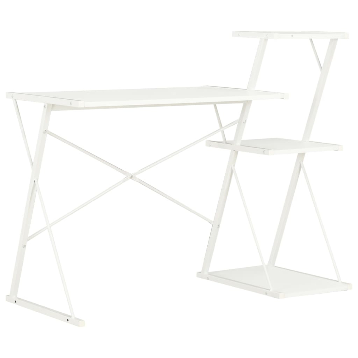 Ein weißer Schreibtisch mit Regal und kleinem Tisch. Der Schreibtisch hat eine rechteckige Oberseite, die von einem Metallrahmen getragen wird.