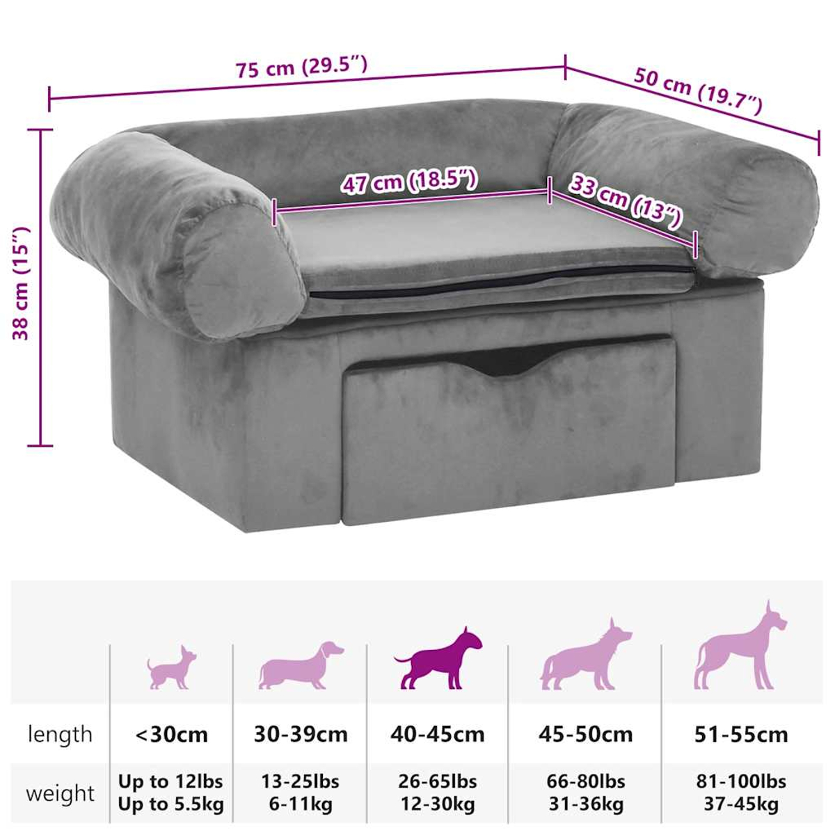 Ein graues Hundebett mit Maßangaben. Es enthält Längen- und Gewichtshinweise mit Hundesilhouetten.