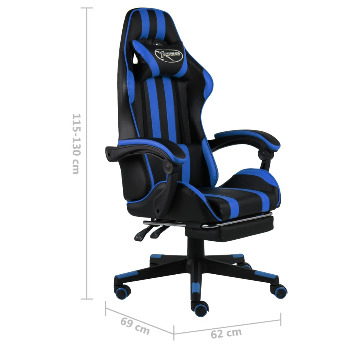 Ein schwarz-blauer Gaming-Stuhl mit Maßen. Der Stuhl hat eine hohe Rückenlehne, Armlehnen und eine Fußstütze. Die Höhe beträgt 115-130 cm.