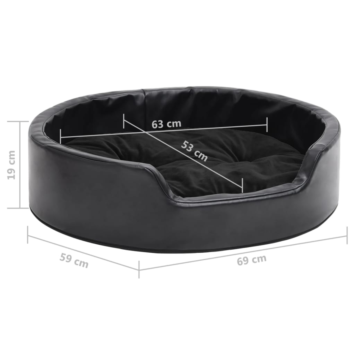 Ein schwarzes Haustierbett mit beschrifteten Abmessungen. Das Bett ist oval, mit einem Plüschinnenraum und einem erhöhten Rand. Maße sind angegeben.