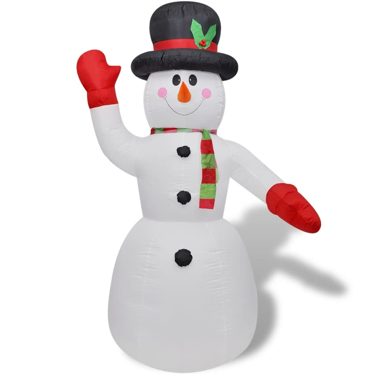 Ein aufblasbarer Schneemann mit schwarzem Hut, rotem Schal, roten Fäustlingen und schwarzen Knöpfen. Er winkt.