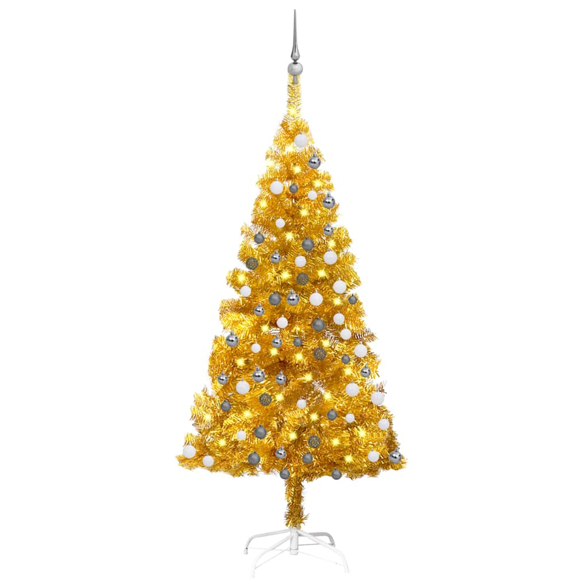 Ein goldener künstlicher Weihnachtsbaum mit weißen und grauen Ornamenten. Er hat einen silbernen Stern an der Spitze und steht auf einem weißen Ständer.
