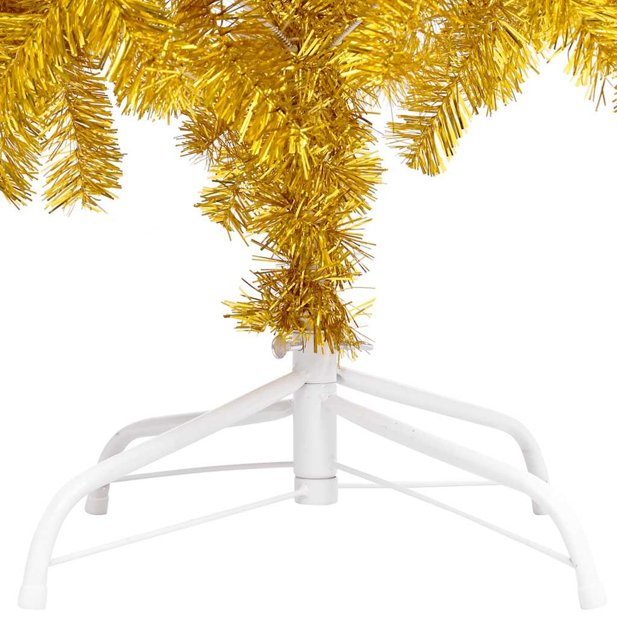 Nahaufnahme eines goldenen Lametta-Weihnachtsbaums mit weißem Metallständer. Der Baum ist golden und der Ständer weiß.