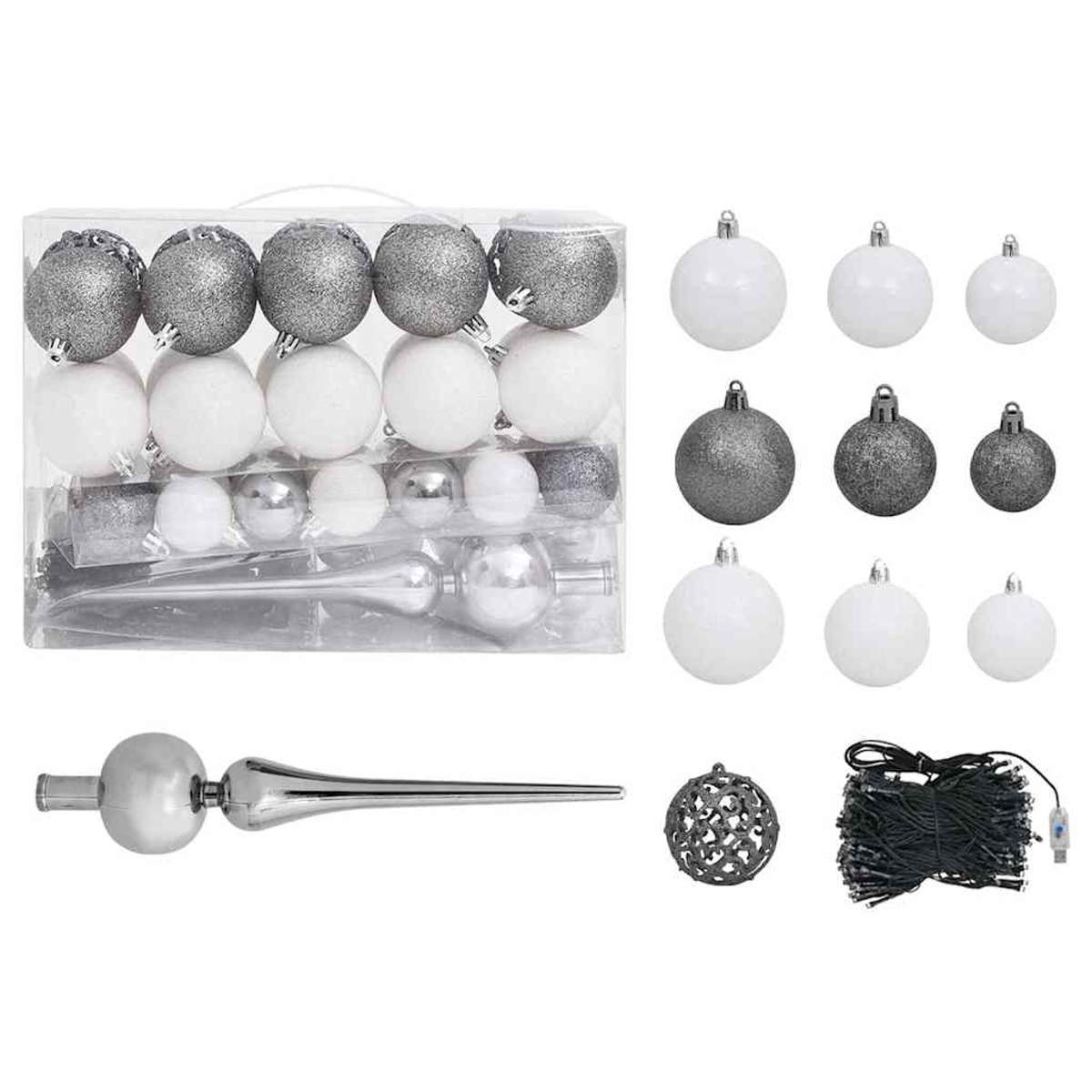 Weihnachtsschmuck-Set. Enthält silberne, graue und weiße Kugeln, Baumspitze und Lichterketten. In einer Box und lose angeordnet.