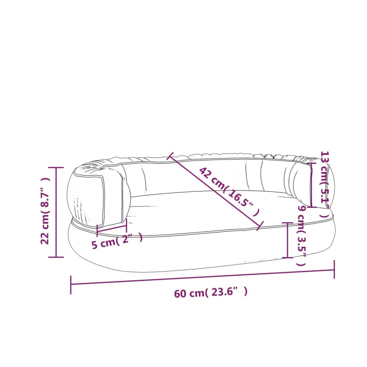 Ein Diagramm eines aufblasbaren Sofas mit Abmessungen in cm und Zoll. Das Sofa ist weiß mit schwarzen Umrissen.