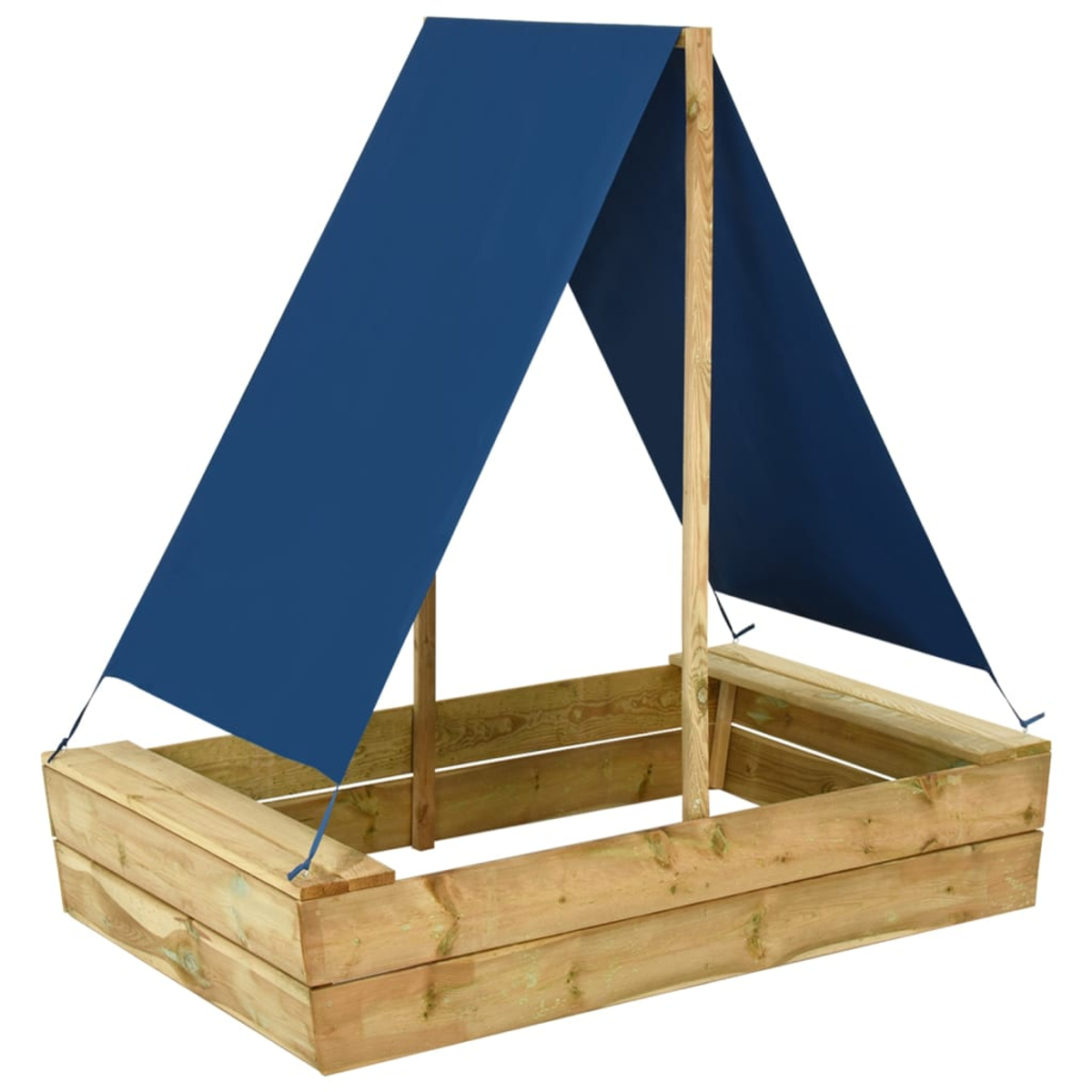 Sabbiiera in legno con tenda blu. La sabbiera è rettangolare e in legno naturale. La tenda è triangolare.