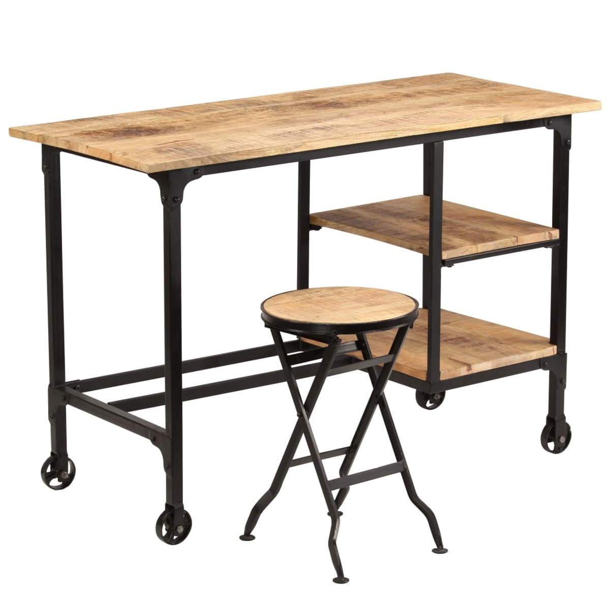 Holzschreibtisch mit zwei Regalen, einem Klapphocker und einem schwarzen Metallrahmen. Schreibtisch und Hocker sind rollbar.