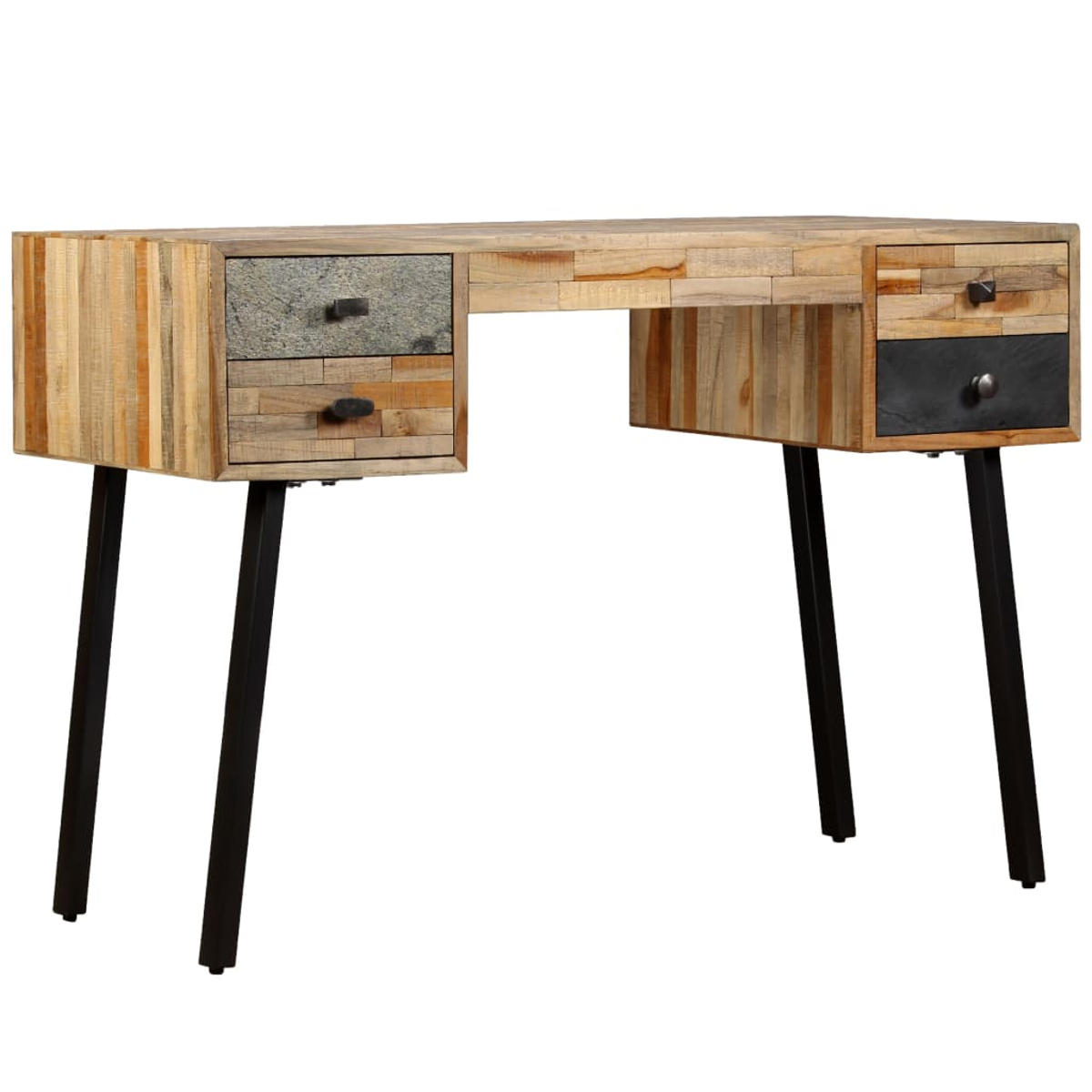 Holzschreibtisch mit Schubladen. Der Schreibtisch hat schwarze Metallbeine und eine hellbraune Holzoberfläche.