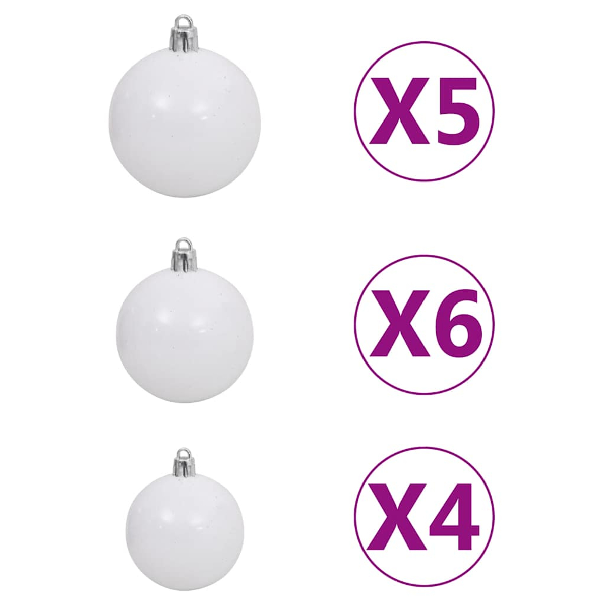 Drei weiße Weihnachtskugeln mit silbernen Spitzen. Daneben lila Kreise mit den Zahlen X5, X6 und X4, die die Menge angeben.