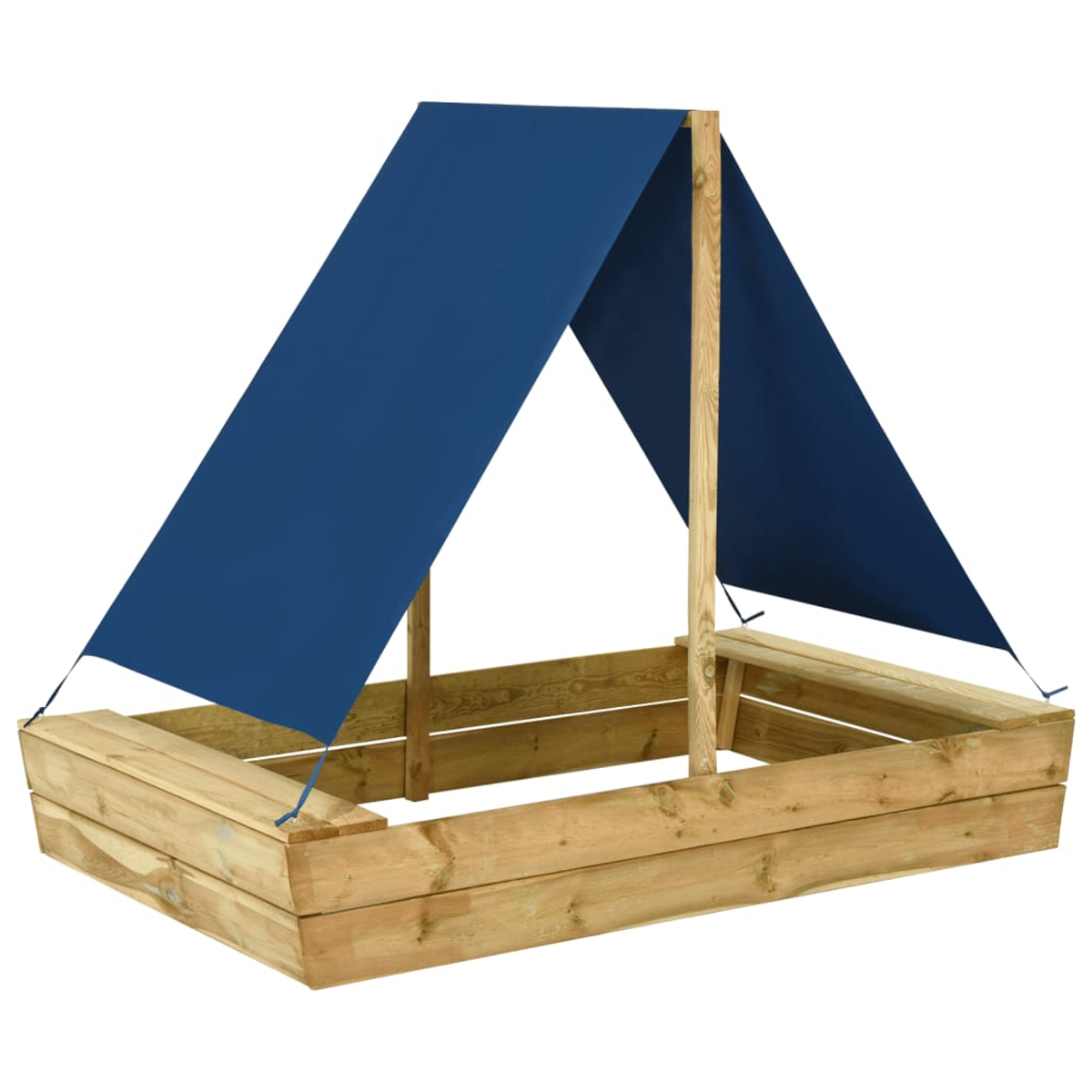 Una sabbiera in legno con una tenda blu. La sabbiera è rettangolare, con travi di legno. La tenda è triangolare e sostenuta da pali di legno.