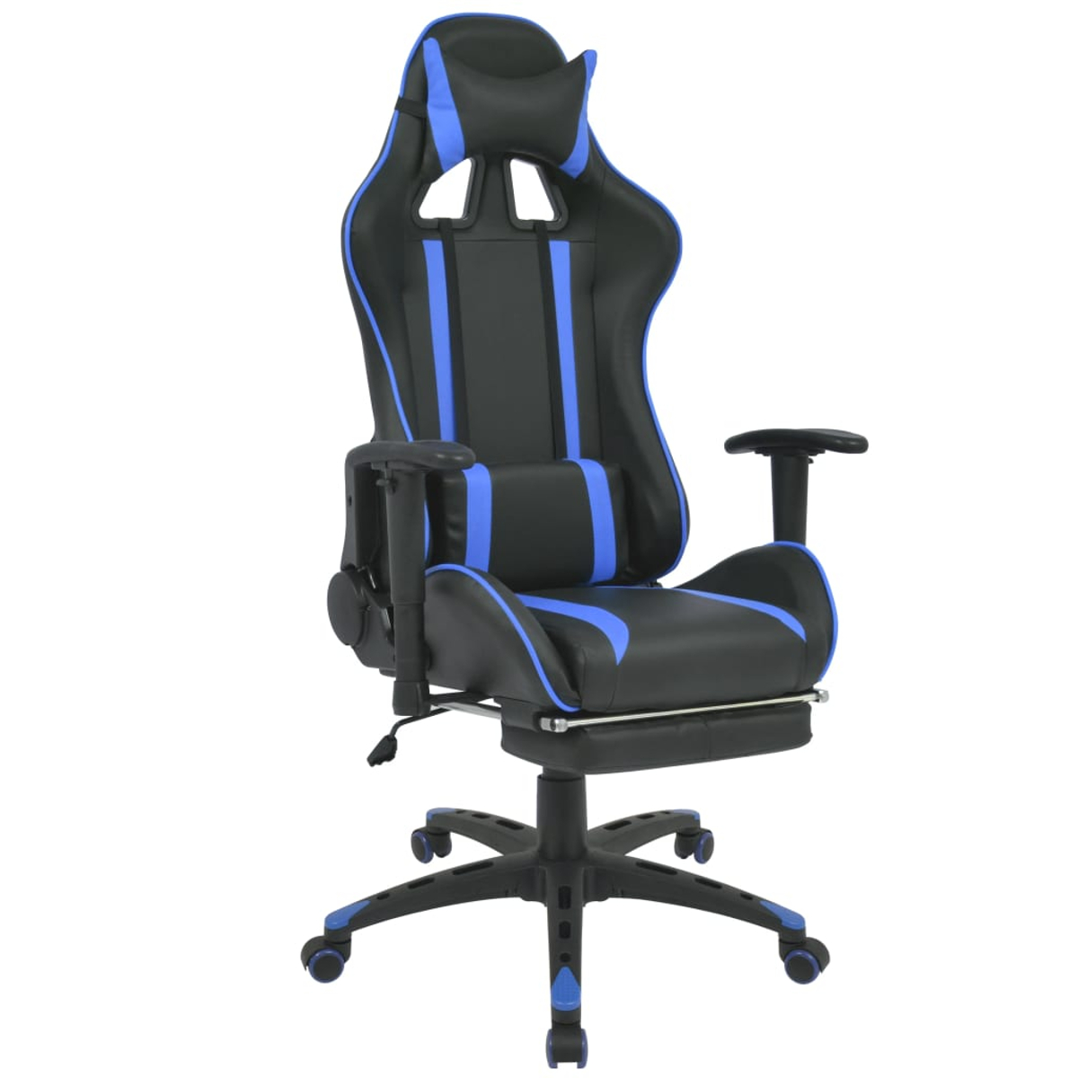Ein schwarz-blauer Gaming-Stuhl mit Kopfstütze, Armlehnen und Fußstütze. Die Basis hat Räder. Der Hintergrund ist weiß.