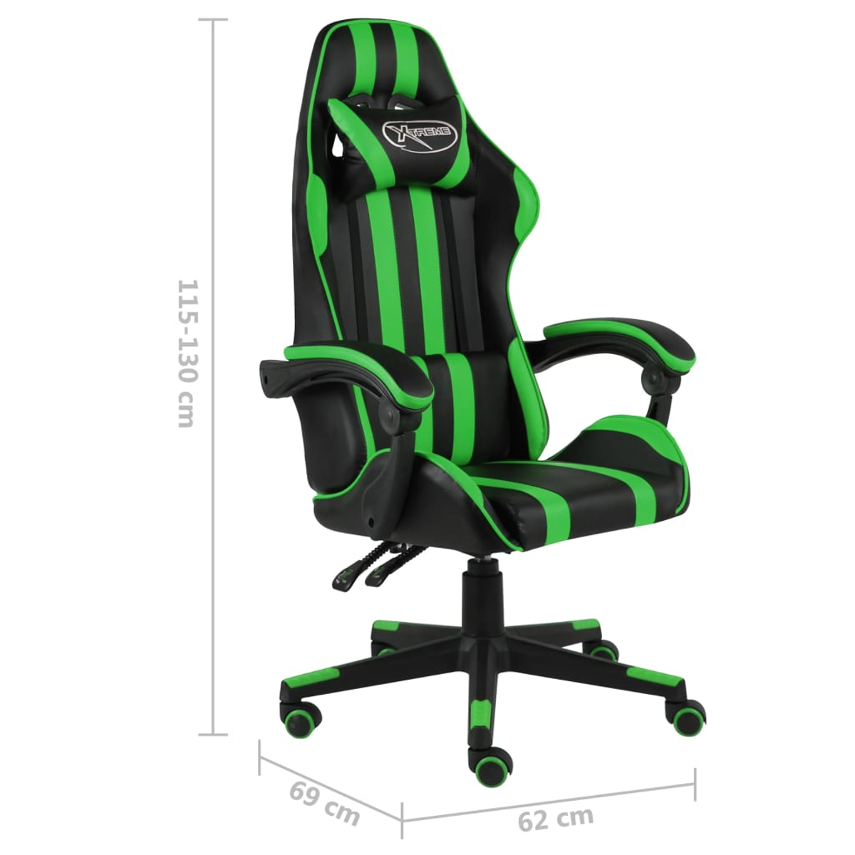 Gaming-Stuhl mit schwarzen und grünen Streifen. Er hat eine Kopfstütze, Armlehnen und ein Fünf-Rollen-Gestell. Die Abmessungen sind angegeben.