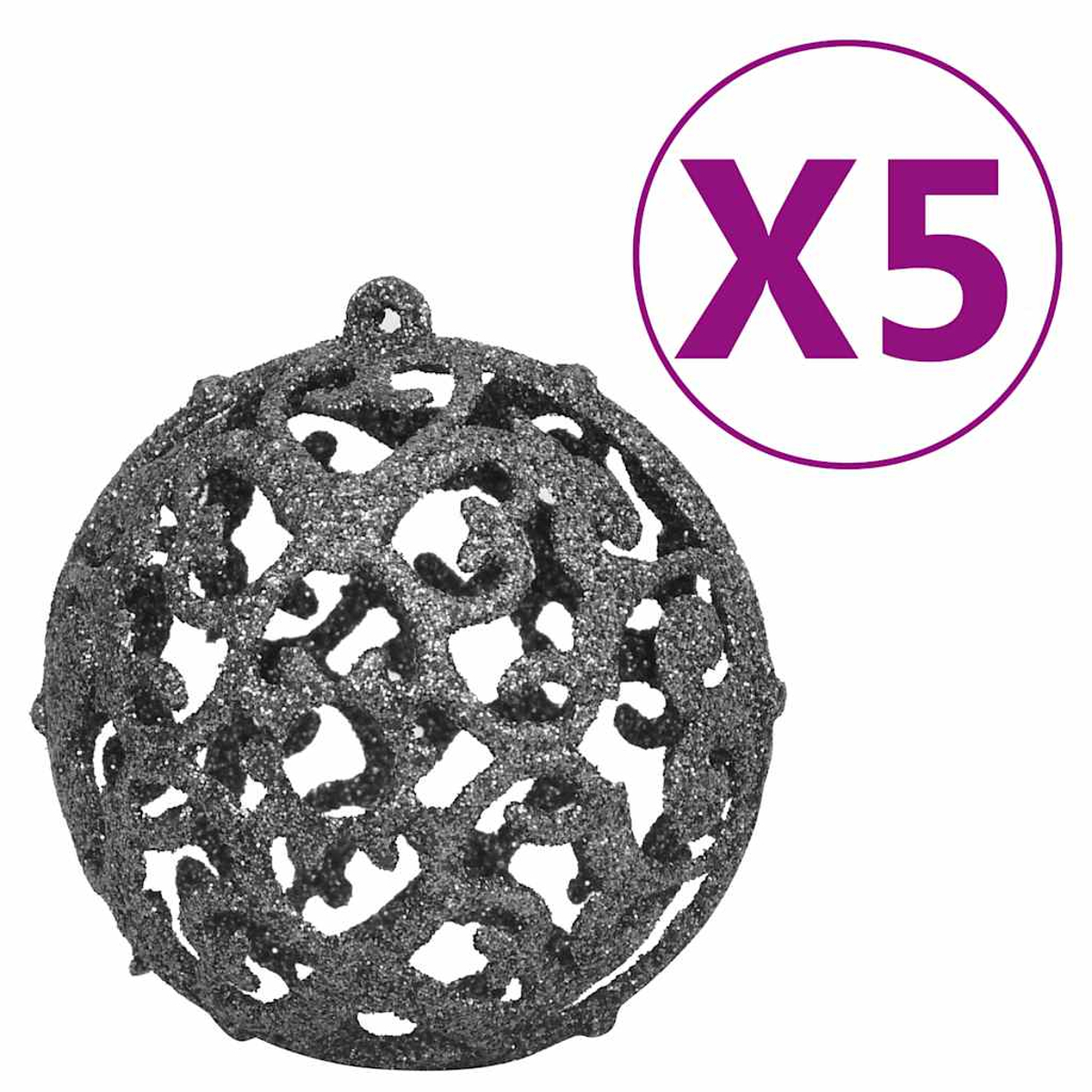 Eine dekorative, glitzernde graue Kugel mit filigranem Design. Ein violetter Kreis mit 'X5' im Hintergrund. Weißer Hintergrund.
