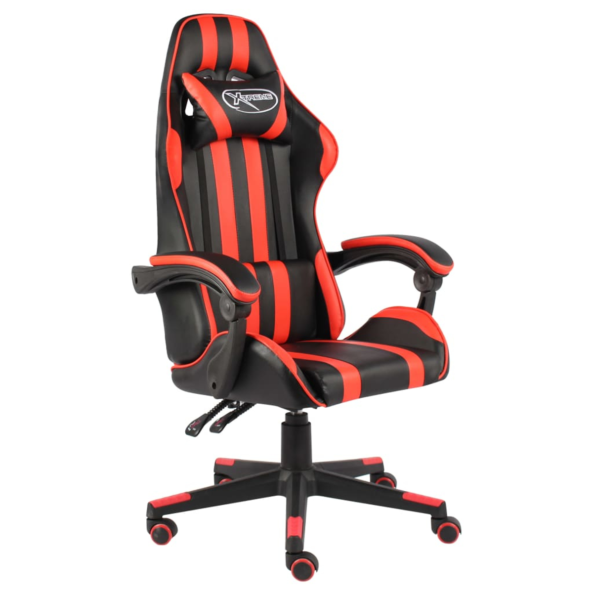 Gaming-Stuhl mit schwarzen und roten Streifen. Verfügt über Armlehnen, Kopfstütze mit Logo und eine Fünf-Sterne-Basis mit Rädern.
