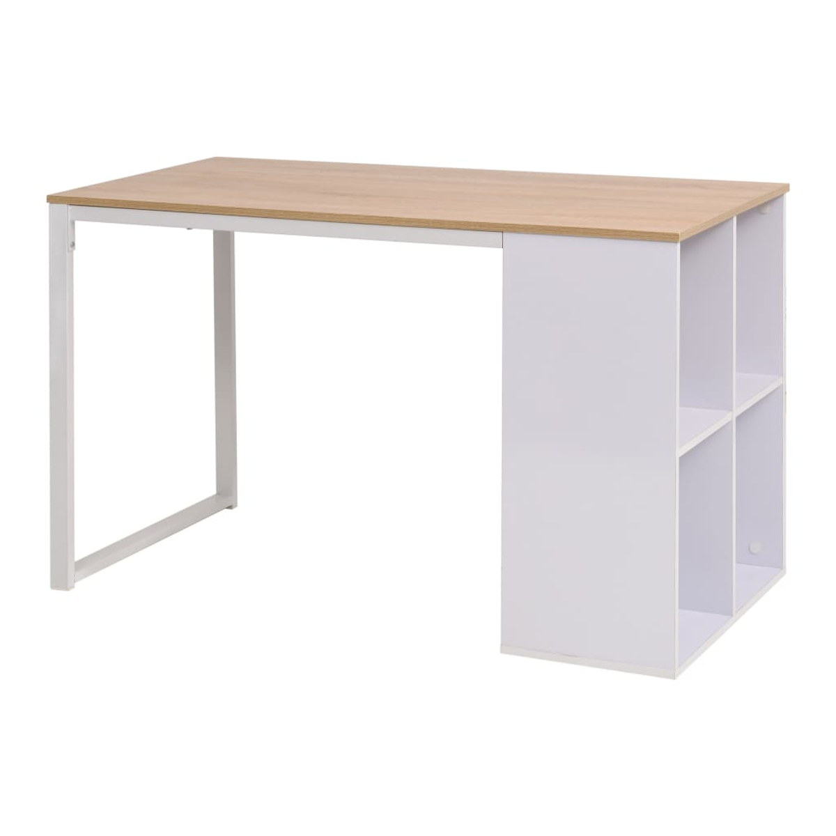 Ein moderner Schreibtisch mit hellbrauner Holzplatte und weißen Beinen und Staufächern. Der Schreibtisch ist vor weißem Hintergrund isoliert.
