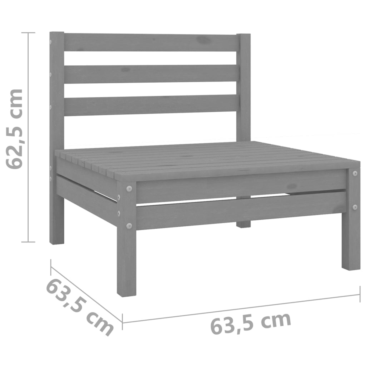 Ein grauer Holzstuhl mit Rückenlehne und Sitzfläche. Abmessungen: 62,5 cm Höhe, 63,5 cm Breite und Tiefe.