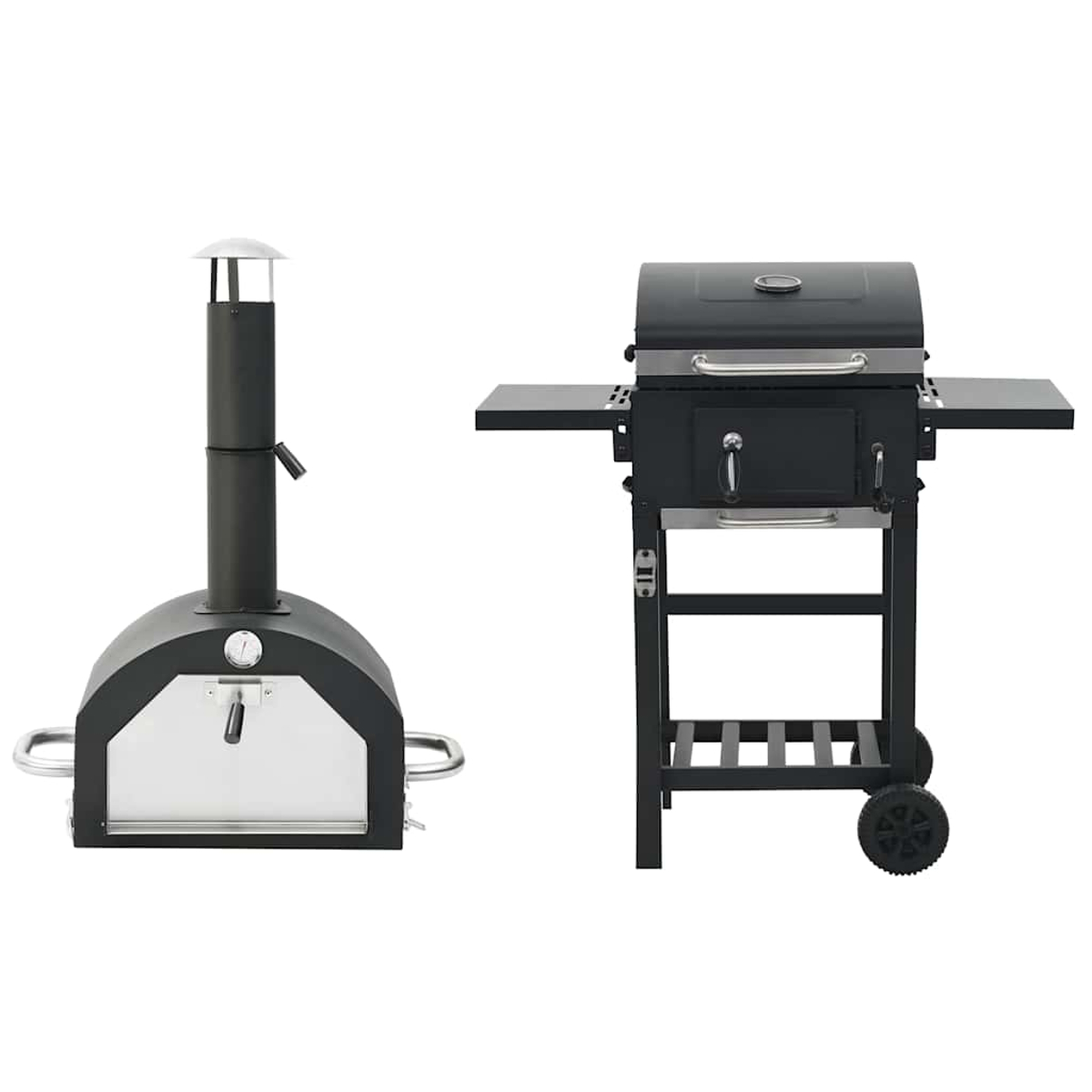 Zwei schwarze Grills vor weißem Hintergrund. Einer ist ein Pizzaofen, der andere ein Holzkohlegrill mit Ablagen.
