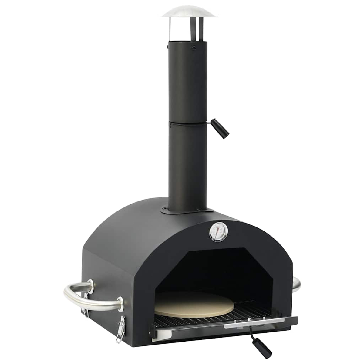 Ein schwarzer Pizzaofen mit Schornstein, Temperaturanzeige und Edelstahlgriff. Im Ofen liegt ein Pizzastein.