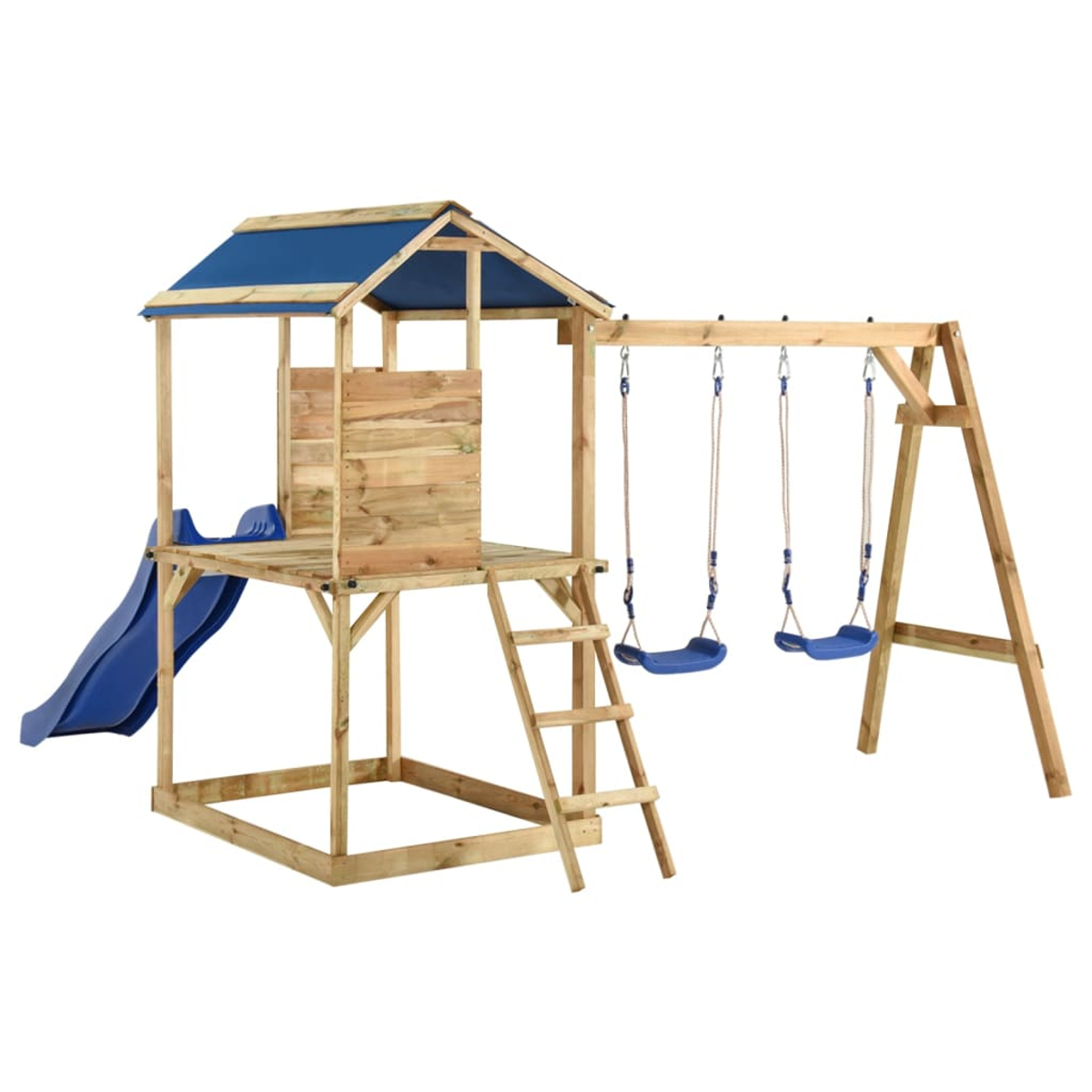 Ein hölzernes Spielset mit einer blauen Rutsche, Schaukeln und einer Kletterleiter. Es hat ein blaues Dach und steht vor weißem Hintergrund.